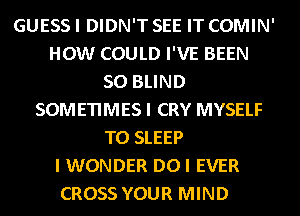 GUESS I DIDN'T SEE IT COMIN'
HOW COULD I'VE BEEN
SO BLIND
SOMETIMES I CRY MYSELF
T0 SLEEP
I WONDER DOI EVER
CROSS YOUR MIND