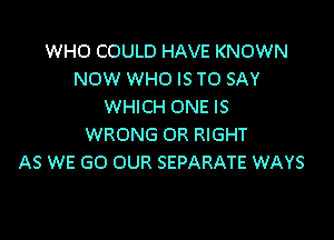 WHO COULD HAVE KNOWN
NOW WHO IS TO SAY
WHICH ONE IS

WRONG 0R RIGHT
AS WE GO OUR SEPARATE WAYS