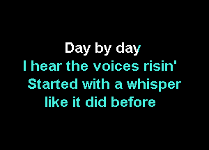 Day by day
I hear the voices risin'

Started with a whisper
like it did before