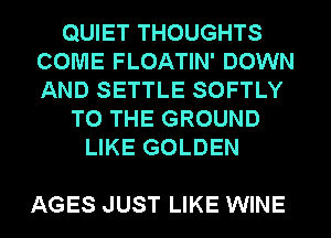 QUIET THOUGHTS
COME FLOATIN' DOWN
AND SETTLE SOFTLY

TO THE GROUND
LIKE GOLDEN

AGES JUST LIKE WINE