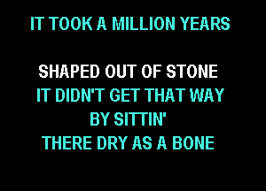 IT TOOK A MILLION YEARS

SHAPED OUT OF STONE
IT DIDN'T GET THAT WAY
BY SITTIN'

THERE DRY AS A BONE