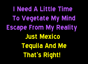 I Need A Little Time
To Vegetate My Mind
Escape From My Reality

Just Mexico
Tequila And Me
That's Right!