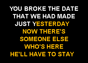 YOU BROKE THE DATE
THAT WE HAD MADE
JUST YESTERDAY
NOW THERE'S
SOMEONE ELSE
WHO'S HERE
HE'LL HAVE TO STAY