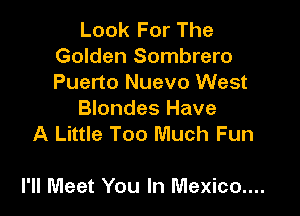 Look For The
Golden Sombrero
Puerto Nuevo West

Blondes Have
A Little Too Much Fun

I'll Meet You In Mexico....