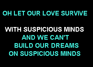 0H LET OUR LOVE SURVIVE

WITH SUSPICIOUS MINDS
AND WE CAN'T
BUILD OUR DREAMS
0N SUSPICIOUS MINDS