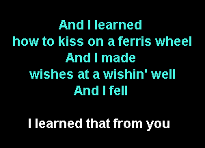 And I learned
how to kiss on a ferris wheel
And I made
wishes at a wishin' well
And I fell

I learned that from you