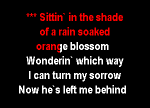 m Sittin' in the shade
of a rain soaked
orange blossom

Wonderinh which way
I can turn my sorrow
Now has left me behind