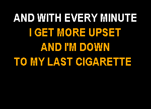AND WITH EVERY MINUTE
I GET MORE UPSET
AND I'M DOWN
TO MY LAST CIGARETTE