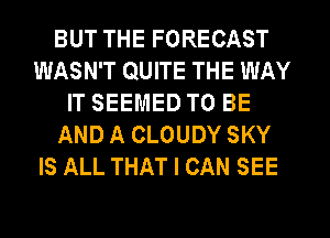 BUT THE FORECAST
WASN'T QUITE THE WAY
IT SEEMED TO BE
AND A CLOUDY SKY
IS ALL THAT I CAN SEE