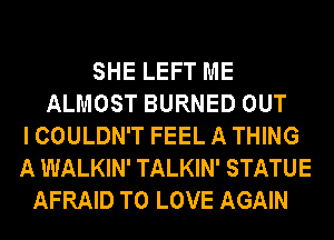SHE LEFT ME
ALMOST BURNED OUT
I COULDN'T FEEL A THING
A WALKIN' TALKIN' STATUE
AFRAID TO LOVE AGAIN
