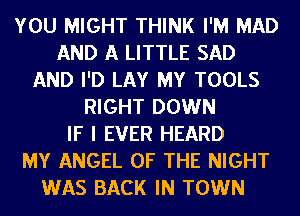 YOU MIGHT THINK I'M MAD
AND A LITTLE SAD
AND I'D LAY MY TOOLS
RIGHT DOWN
IF I EVER HEARD
MY ANGEL OF THE NIGHT
WAS BACK IN TOWN