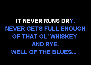IT NEVER RUNS DRY.
NEVER GETS FULL ENOUGH
OF THAT OL' WHISKEY
AND RYE.

WELL OF THE BLUES...