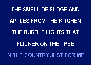 THE SMELL OF FUDGE AND
APPLES FROM THE KITCHEN
THE BUBBLE LIGHTS THAT
FLICKER ON THE TREE
IN THE COUNTRY JUST FOR ME