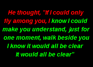 He thought, If! could only
fly among you, I know!r could
make you understand, just for
one moment, walk beside you
Hmow it would a be clear
It would a be clear