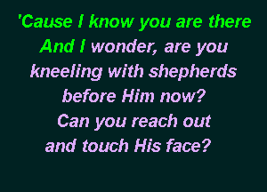 'Cause I know you are there
And I wonder, are you
kneeling with shepherds
before Him now?

Can you reach out

and touch His face?