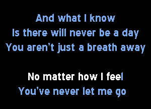 And what I know
Is there will never be a day
You aren't just a breath away

No matter how I feel
You've never let me go