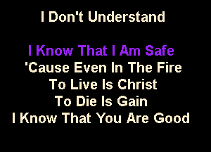 I Don't Understand

I Know That I Am Safe
'Cause Even In The Fire

To Live ls Christ
To Die Is Gain
I Know That You Are Good