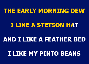 THE EARLY MORNING DEW

I LIKE A STETSON HAT

AND I LIKE A FEATHER BED

I LIKE MY PINTO BEANS