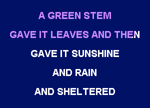 A GREEN STEM
GAVE IT LEAVES AND THEN
GAVE IT SUNSHINE
AND RAIN
AND SHELTERED