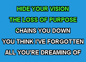 HIDE YOUR VISION
THE LOSS OF PURPOSE
CHAINS YOU DOWN
YOU THINK I'VE FORGOTTEN
ALL YOU'RE DREAMING 0F