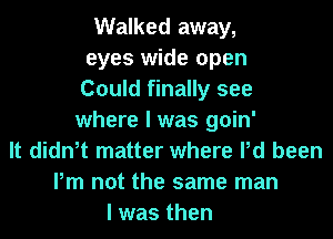 Walked away,
eyes wide open
Could finally see
where I was goin'
It didn,t matter where Pd been
Pm not the same man
I was then