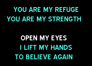 YOU ARE MY REFUGE
YOU ARE MY STRENGTH

OPEN MY EYES
I LIFT MY HANDS
TO BELIEVE AGAIN
