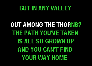 BUT IN ANY VALLEY

OUT AMONG THE THORNS?
THE PATH YOU'VE TAKEN
IS ALL 80 GROWN UP
AND YOU CAN'T FIND

YOUR WAY HOME