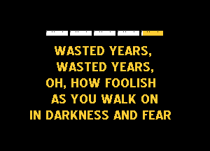 mmmmm

WASTED YEARS.
WASTED YEARS.
0H, HOW FOOLISH
AS YOU WALK ON
IN DARKNESS AND FEAR