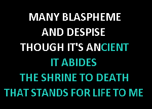 MANY BLASPHEME
AND DESPISE
THOUGH IT'S ANCIENT
IT ABIDES
THE SHRINE TO DEATH
THAT STANDS FOR LIFE TO ME