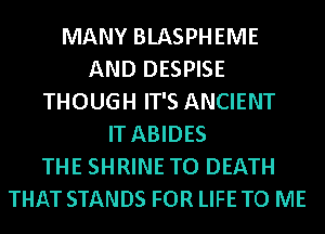 MANY BLASPHEME
AND DESPISE
THOUGH IT'S ANCIENT
IT ABIDES
THE SHRINE TO DEATH
THAT STANDS FOR LIFE TO ME