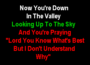 Now You're Down
In The Valley
Looking Up To The Sky

And You're Praying
Lord You Know What's Best
But I Don't Understand

Why