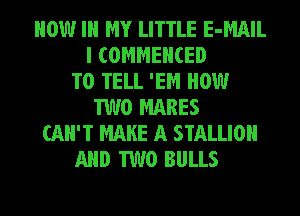 HOW Ill MY LITTLE E-MAIL
I COMMEHCED
TO TELL 'EM HOW
TWO MAKES
CAN'T MAKE A STALLIOII
AND TWO BULLS