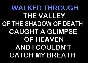 I WALKED THROUGH
THE VALLEY
OF THE SHADOW OF DEATH
CAUGHT A GLIMPSE
OF HEAVEN
AND I COULDN'T
CATCH MY BREATH