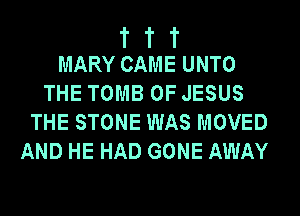 T T T
MARY CAME UNTO

THE TOMB OF JESUS
THE STONE WAS MOVED
AND HE HAD GONE AWAY