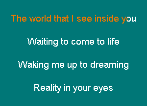 The world that I see inside you

Waiting to come to life

Waking me up to dreaming

Reality in your eyes