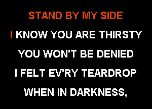 STAND BY MY SIDE
I KNOW YOU ARE THIRSTY
YOU WON'T BE DENIED
I FELT EV'RY TEARDROP
WHEN IN DARKNESS,