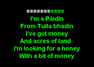 I'm a Paidin
From Tulla bhadin
I've got money

And acres of land
I'm looking for a honey
With a bit of money