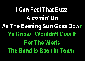 I Can Feel That Buzz
A'comin' 0n
As The Evening Sun Goes Down
Ya Know I Wouldn't Miss It
For The World
The Band Is Back In Town