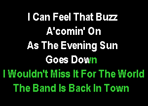 I Can Feel That Buzz
A'comin' 0n
As The Evening Sun
Goes Down
I Wouldn't Miss It For The World
The Band Is Back In Town