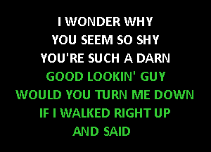 I WONDER WHY
YOU SEEM SO SHY
YOU'RE SUCH A DARN
GOOD LOOKIN' GUY
WOULD YOU TURN ME DOWN
IF I WALKED RIGHT UP
AND SAID