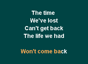 The time
We've lost
Can't get back

The life we '
The world we knew
Won't come back