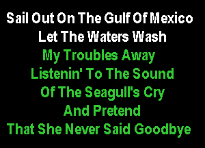Sail Out On The Gulf Of Mexico
Let The Waters Wash
My Troubles Away
Listenin' To The Sound
Of The Seagull's Cly
And Pretend
That She Never Said Goodbye