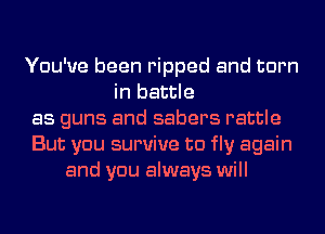 You've been ripped and turn
in battle
as guns and sabers rattle
But you survive to fly again
and you always will