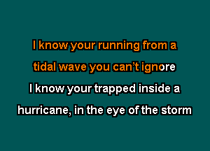 I know your running from a
tidal wave you canyt ignore
I know your trapped inside a

hurricane, in the eye ofthe storm