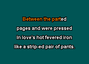 Between the parted
pages and were pressed

In love's hot fevered iron

like a strip-ed pair of pants.