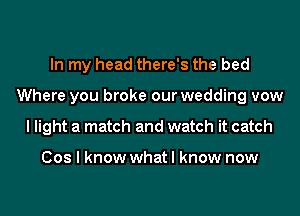 In my head there's the bed
Where you broke our wedding vow
I light a match and watch it catch

Cos I know what I know now