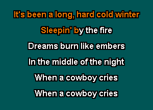 It's been a long, hard cold winter
Sleepin' by the fire

Dreams burn like embers

In the middle ofthe night

When a cowboy cries

When a cowboy cries