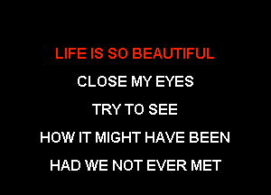 LIFE IS SO BEAUTIFUL
CLOSE MY EYES
TRY TO SEE
HOW IT MIGHT HAVE BEEN
HAD WE NOT EVER MET