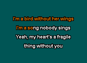 I'm a bird without her wings

I'm a song nobody sings

Yeah, my heart's a fragile

thing without you