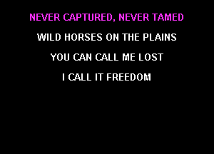 NEVER CAPTURED, NEVER TAMED
WILD HORSES ON THE PLAINS
YOU CAN CALL ME LOST
I CALL IT FREEDOM